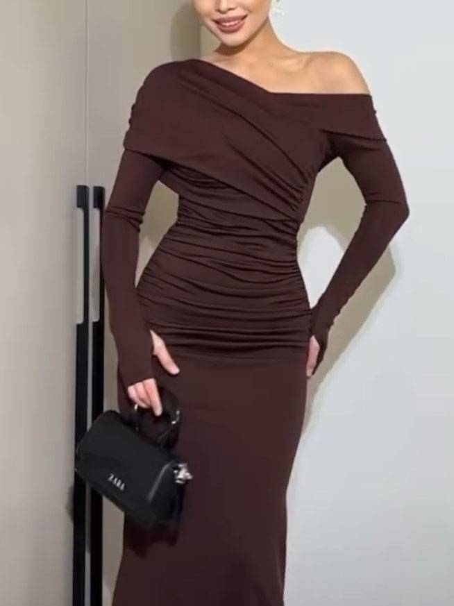 Cross-over Design Off-shoulder Pleated Maxi Dress