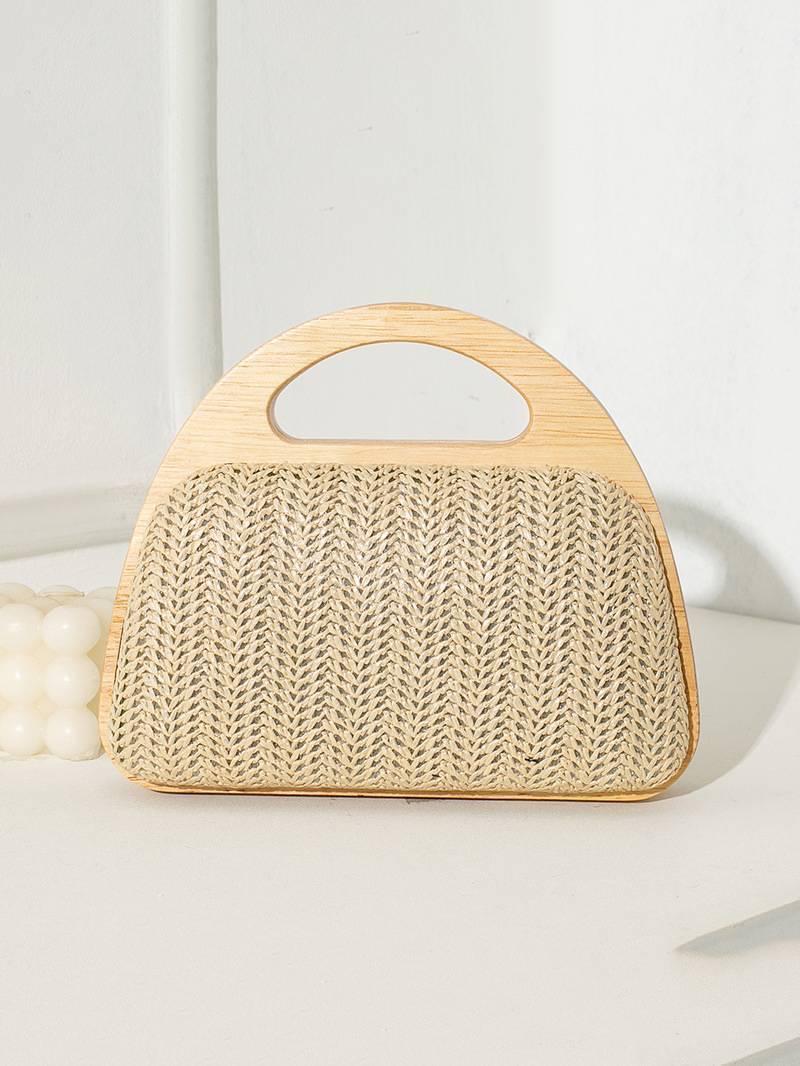 Straw and wood patchwork handbag