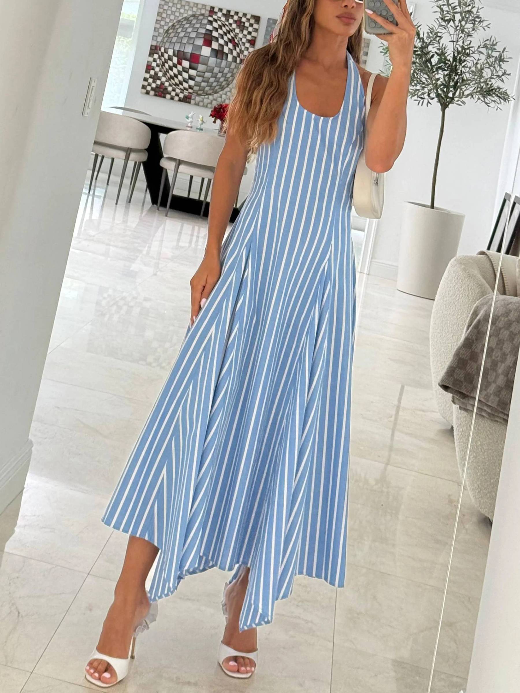 Halter Neck Backless Irregular Hem Vertical Striped Dress