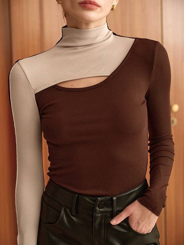 Contrast Color Half Turtleneck Hollow T-shirt