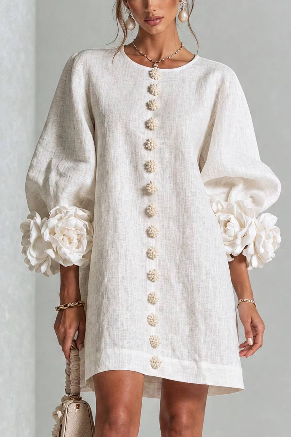 Three-dimensional Floral Cuffs, Puff Sleeves, Short Dress