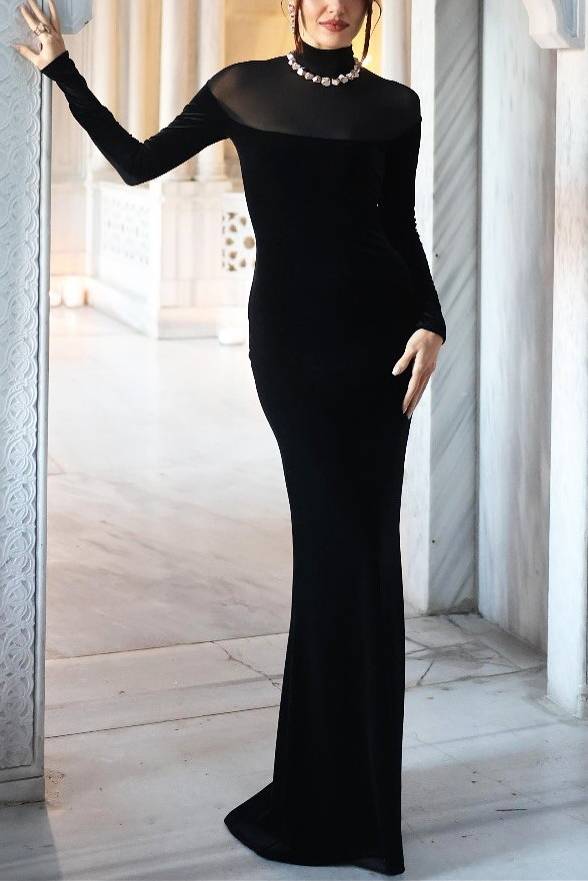 Velvet Splicing Perspective Tulle Maxi Dress