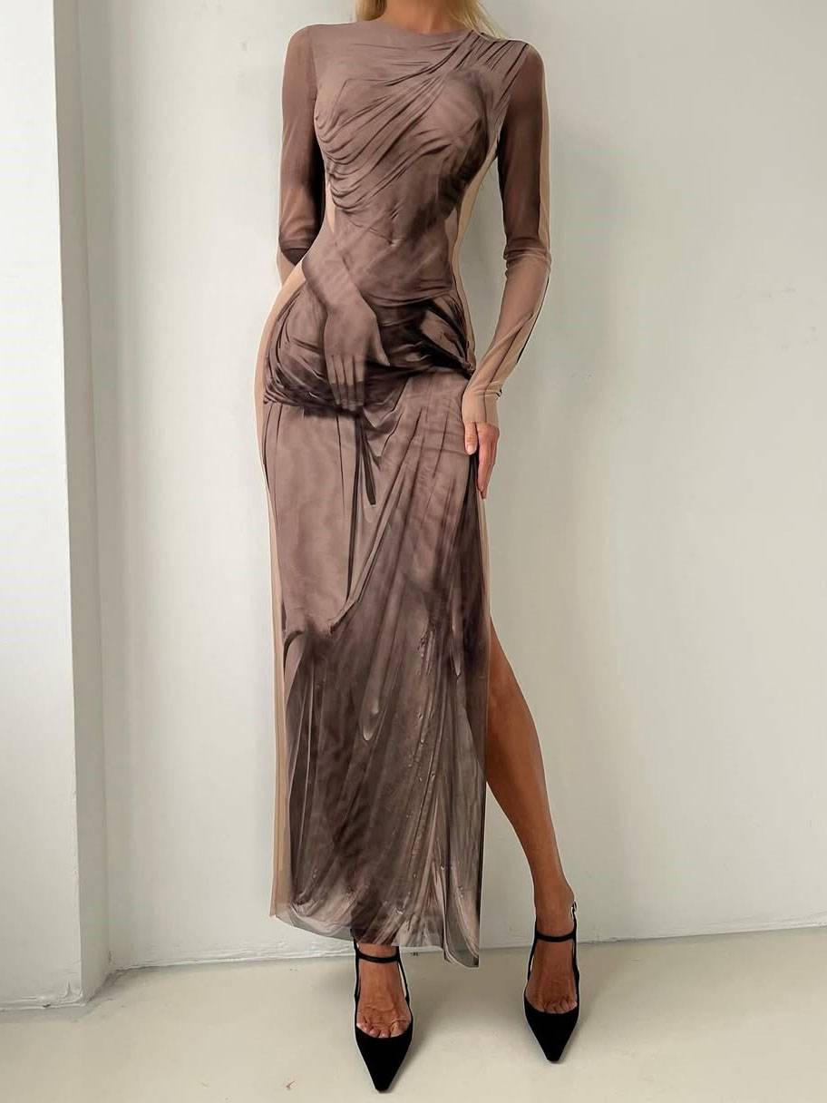 Printed Side Slit Long-Sleeved Maxi Dress