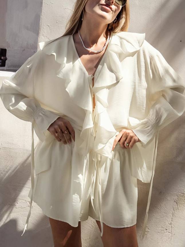 V-Neck Ruffle Shirt and Shorts Suit