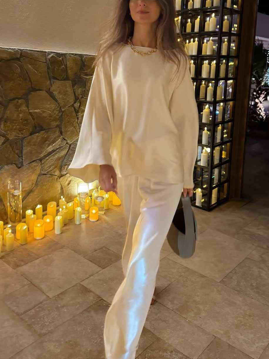 Minimalist Old Money Crewneck Shirt And Wide Leg Pants Suit-ShirtPants