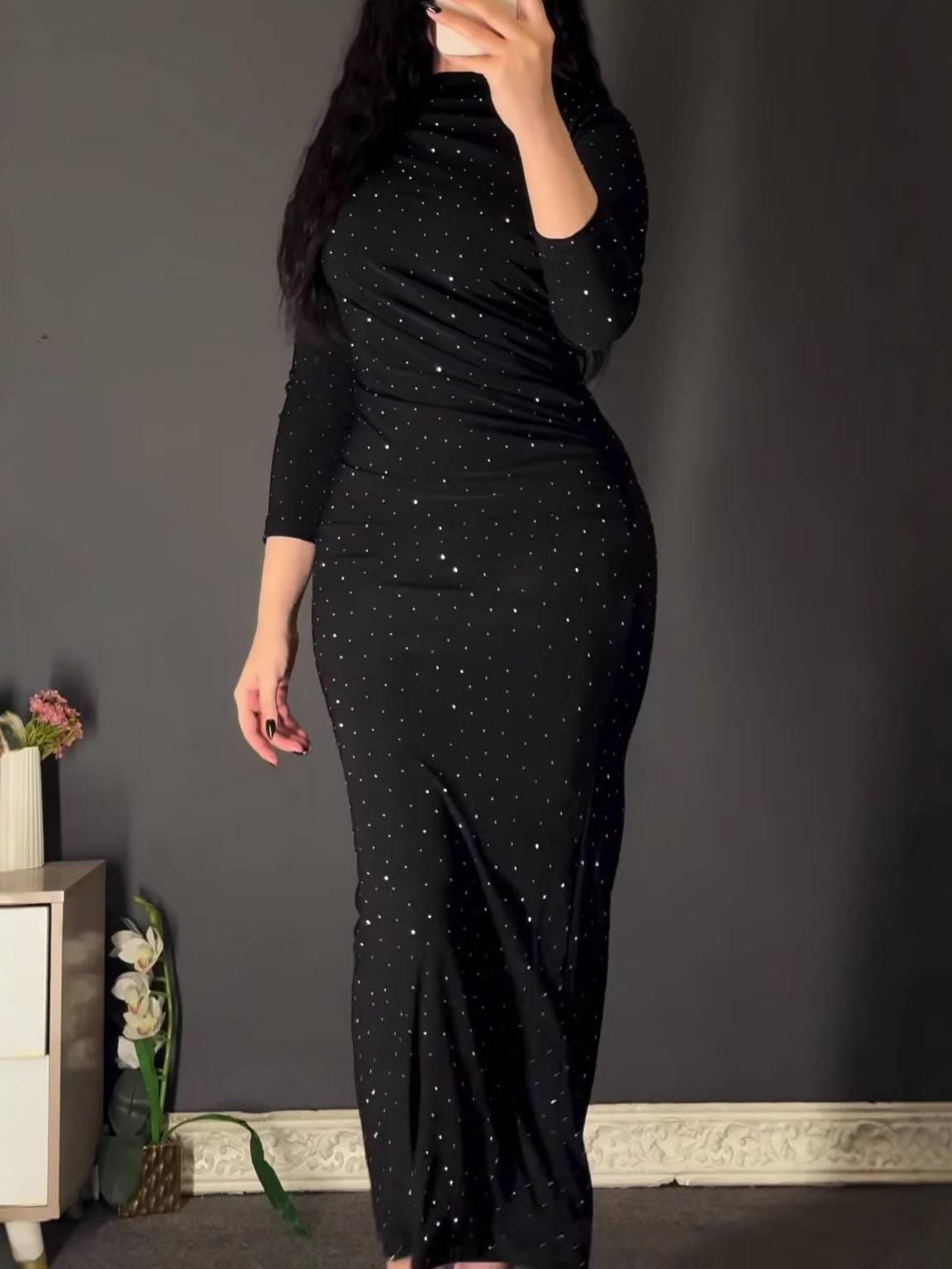 Shiny Pleated Long Sleeve Maxi Dress