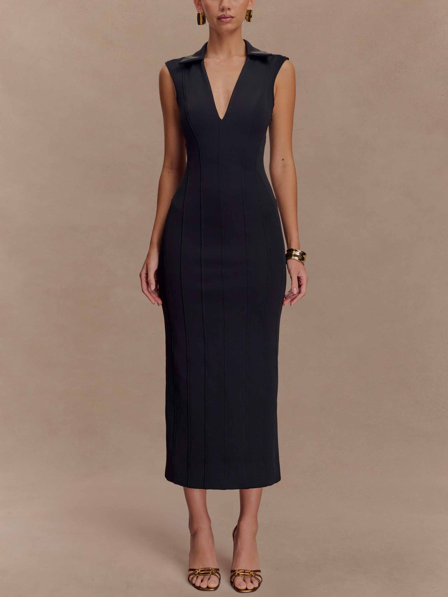 Minimalist V-neck Sleeveless Slim-fit Midi Dress