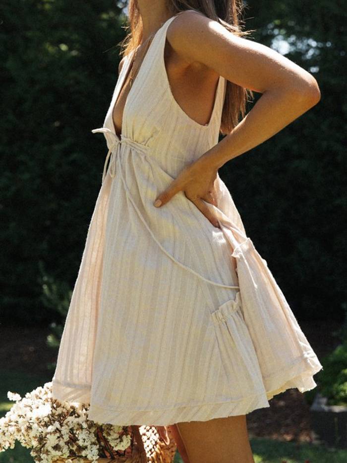 V-neck Front And Back Drawstring Mini Dress