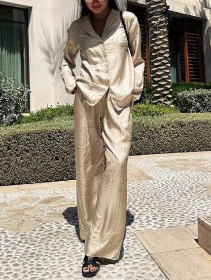Geometric Letter Print Shirt Wide Leg Suit-Pants