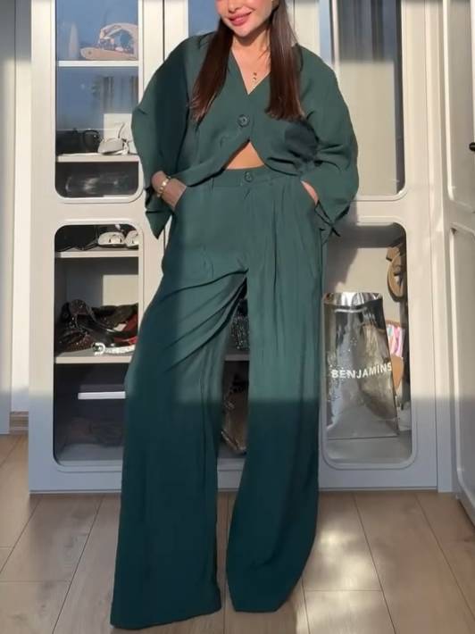 Minimalist Loose Shirt And Wide Leg Pants Suit-Pants