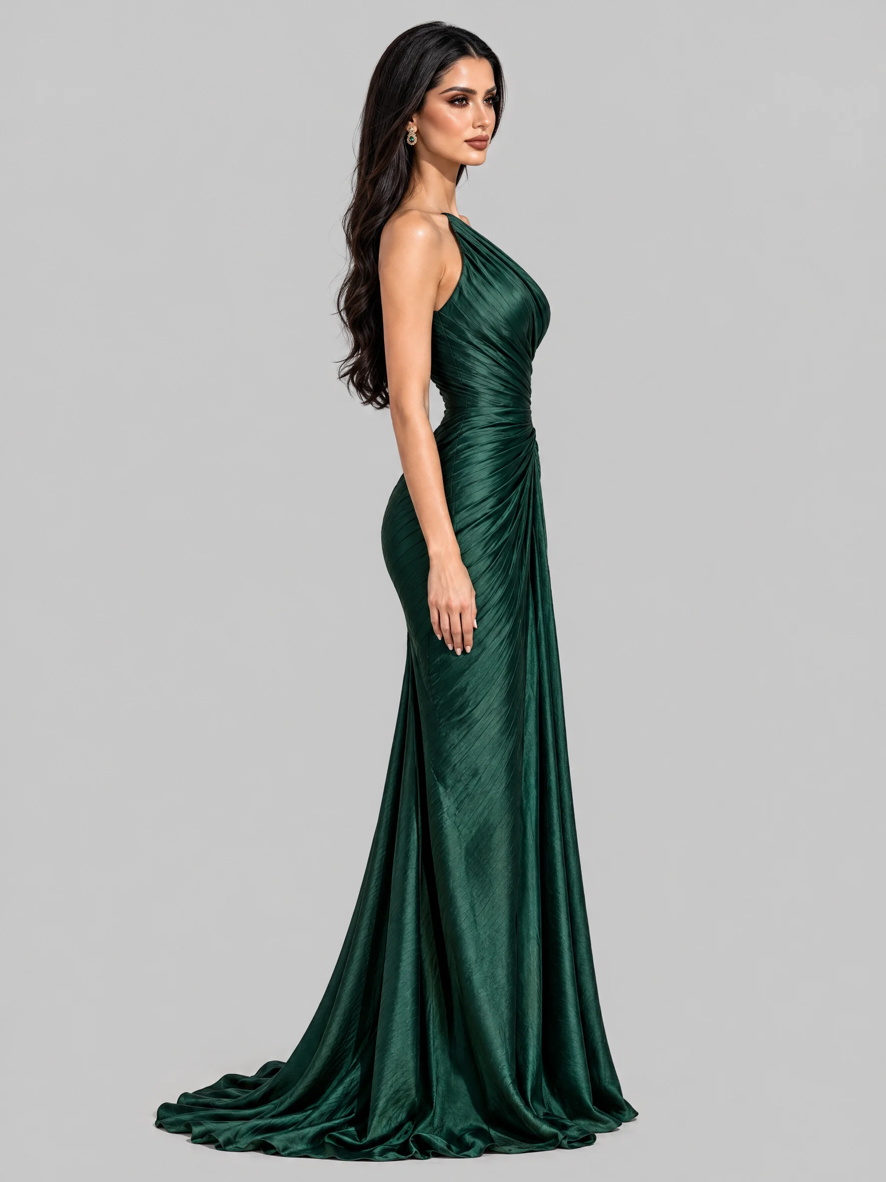Emerald Green One Shoulder Ruched Satin Maxi Dress Elegant Evening Gown [erp-image:ce986ca58ae159aab5c51f49]