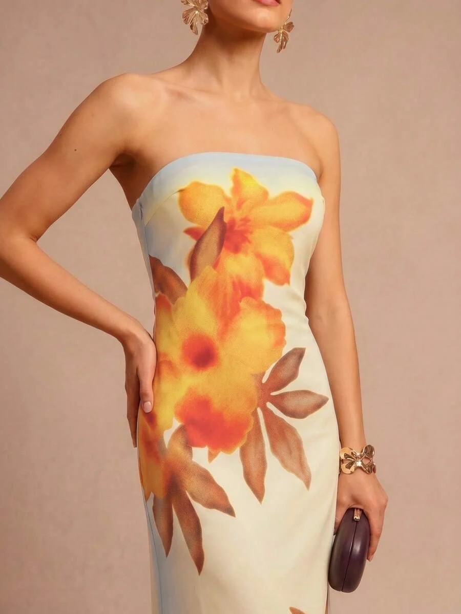 Strapless Floral Print Slim Fit Tube Column Maxi Dress