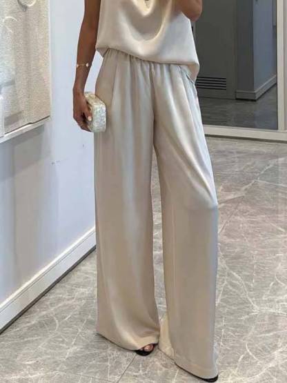 Elegant Halter Neck Swing Collar Top And Wide Leg Pants Suit-Pants
