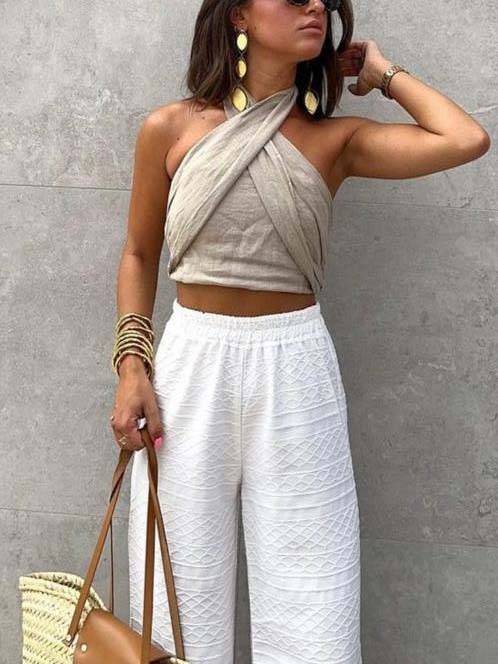 Cross Halter Tank Top And Wide Leg Pants Suit-Tank Top