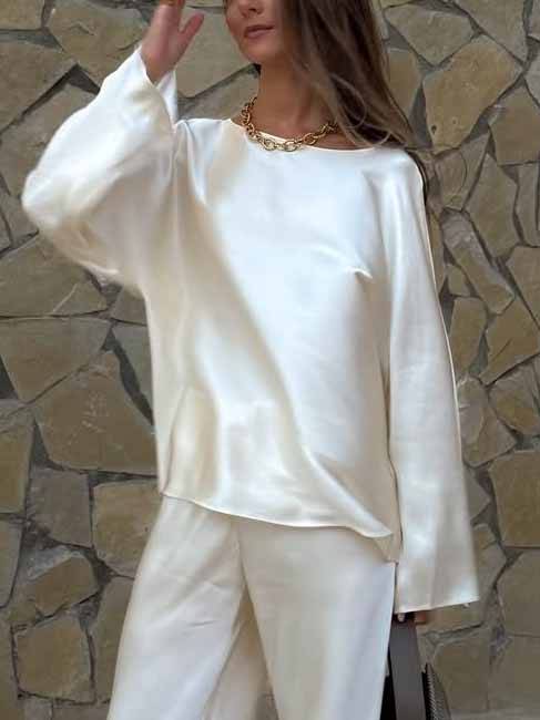 Minimalist Old Money Crewneck Shirt And Wide Leg Pants Suit-Shirt