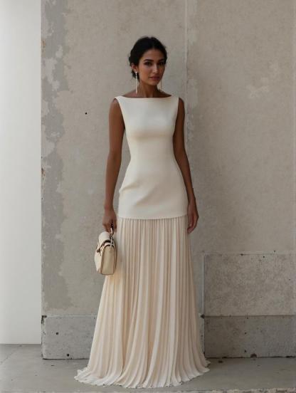 Elegant Pleated Classic Boat Neck Pleated Maxi Dress