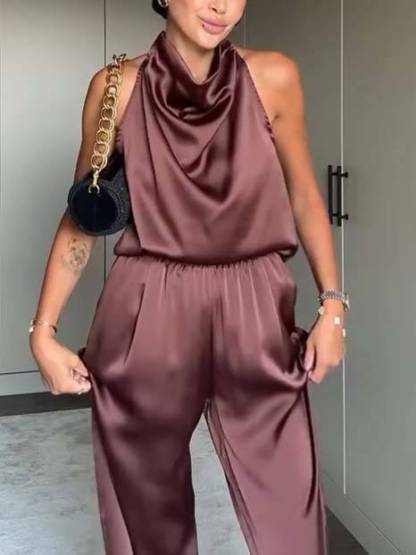 Elegant Halter Neck Swing Collar Top And Wide Leg Pants Suit-Top