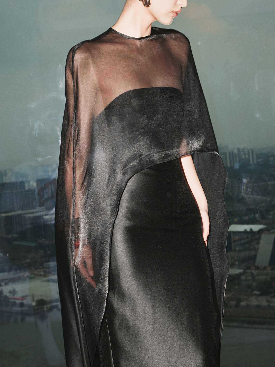 Elegant Sheer Cape Overlay Satin Maxi Dress