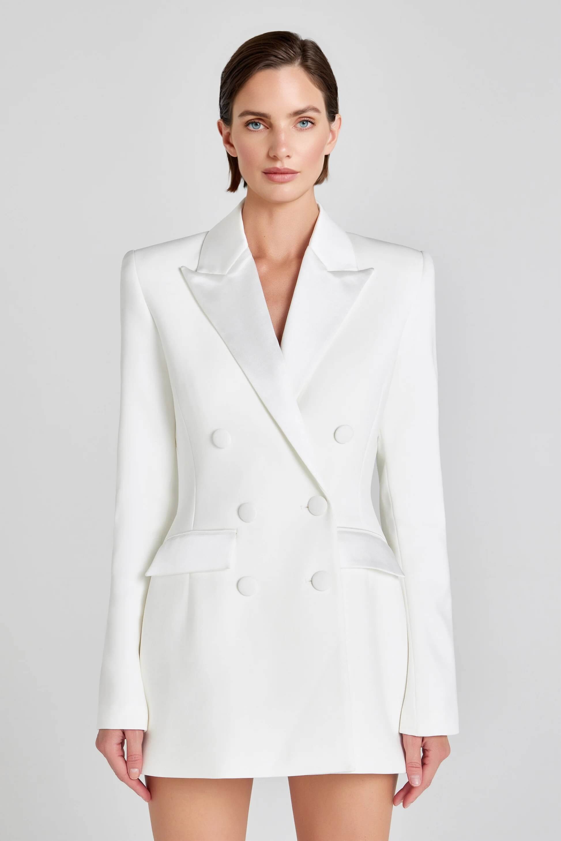 Exquisite White Double-Breasted Blazer Mini Dress