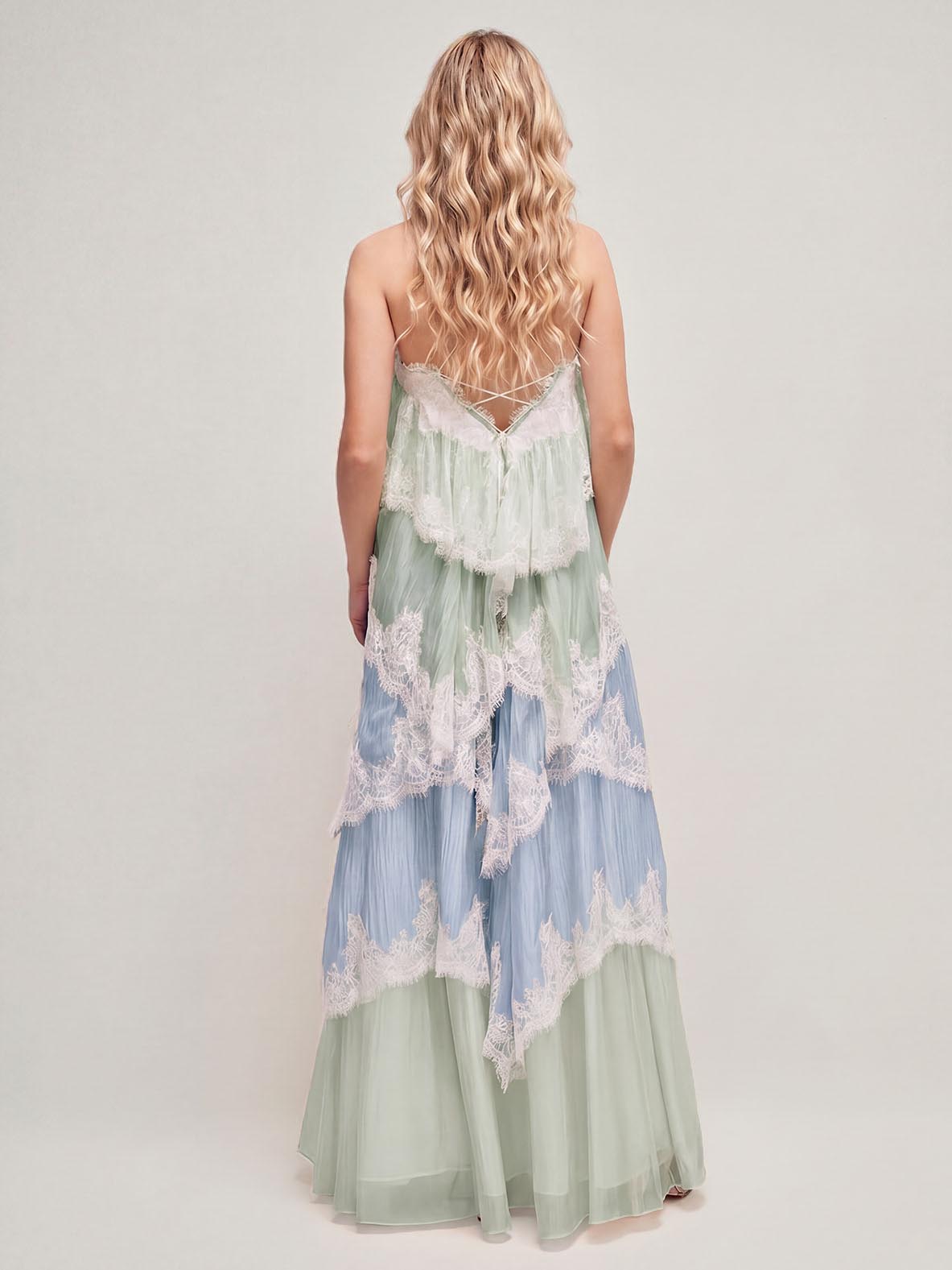 Ombre Tiered Lace Trim Spaghetti Strap Maxi Dress