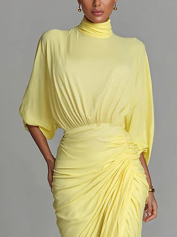 Elegant High-neck Half-sleeve Pleated Maxi Dress
