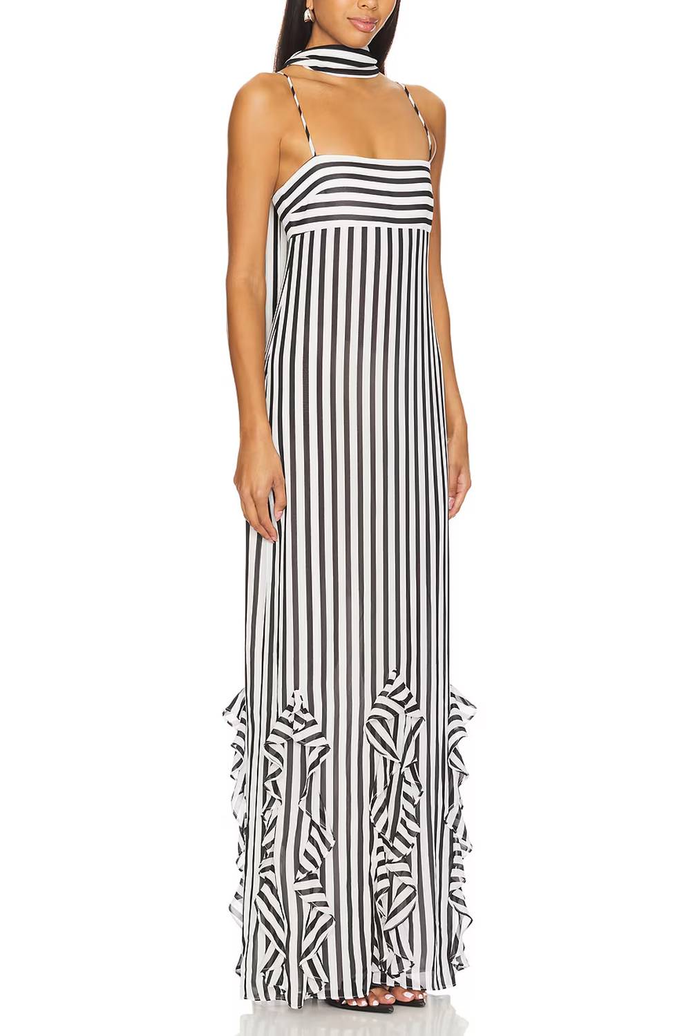 Vacation Striped Strap Ruffled Long Dress