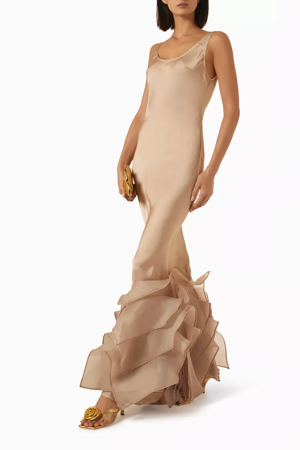 Champagne Satin Sleeveless Scoop Neck Ruffle Mermaid Maxi Evening Dress [erp-image:b76d920db88a599630252d9d]