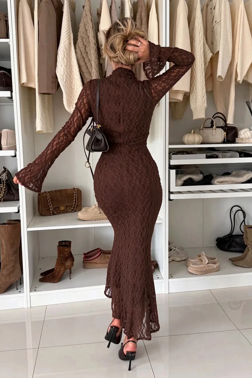 Women High Neck Long Flare Sleeve Lace Mermaid Midi Dress [erp-image:1a86778fbf083eba315fb29a]