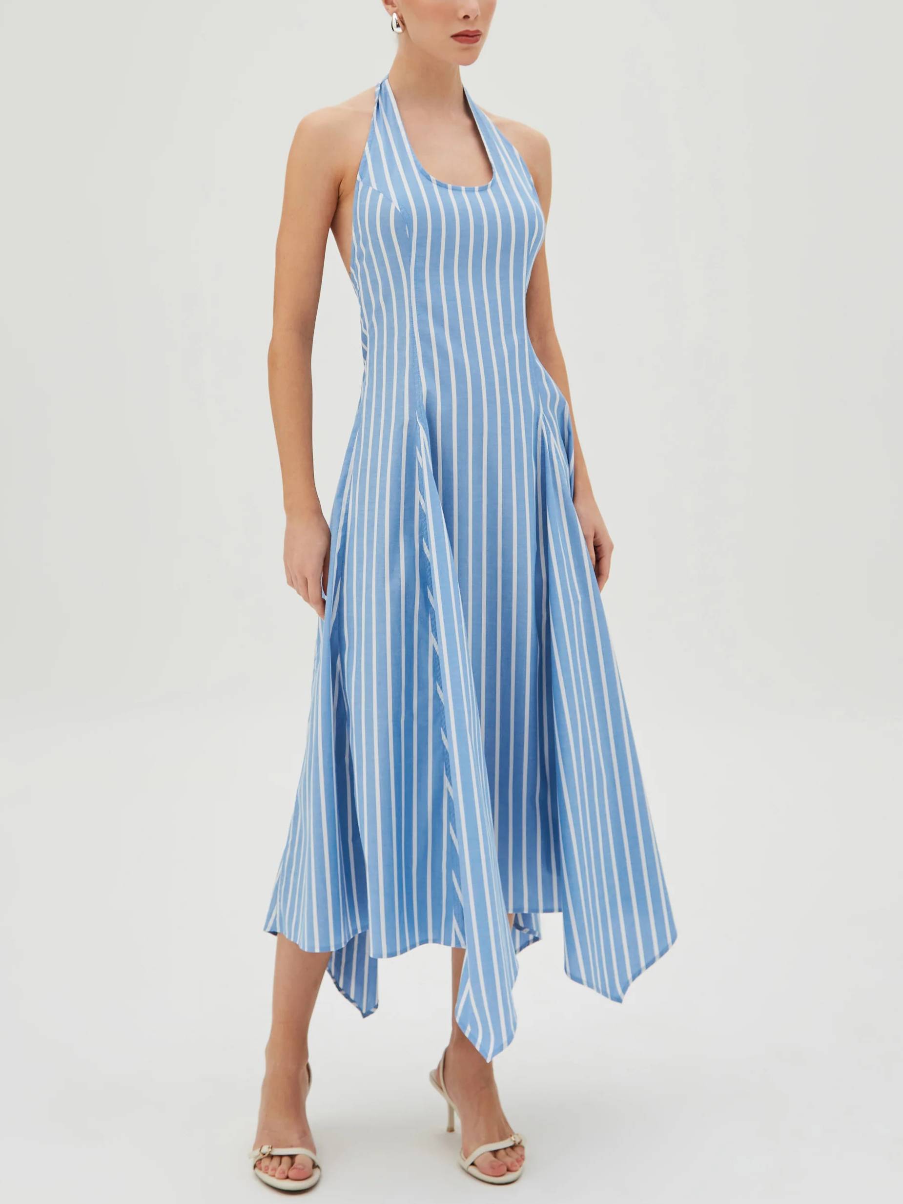Halter Neck Backless Irregular Hem Vertical Striped Dress
