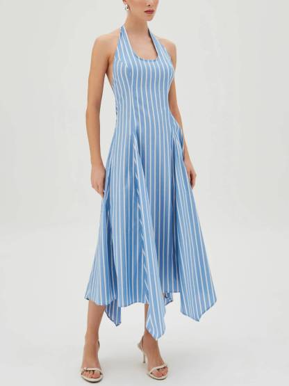Halter Neck Backless Irregular Hem Vertical Striped Dress