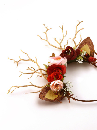 Burgundy Flower Christmas Reindeer Headband