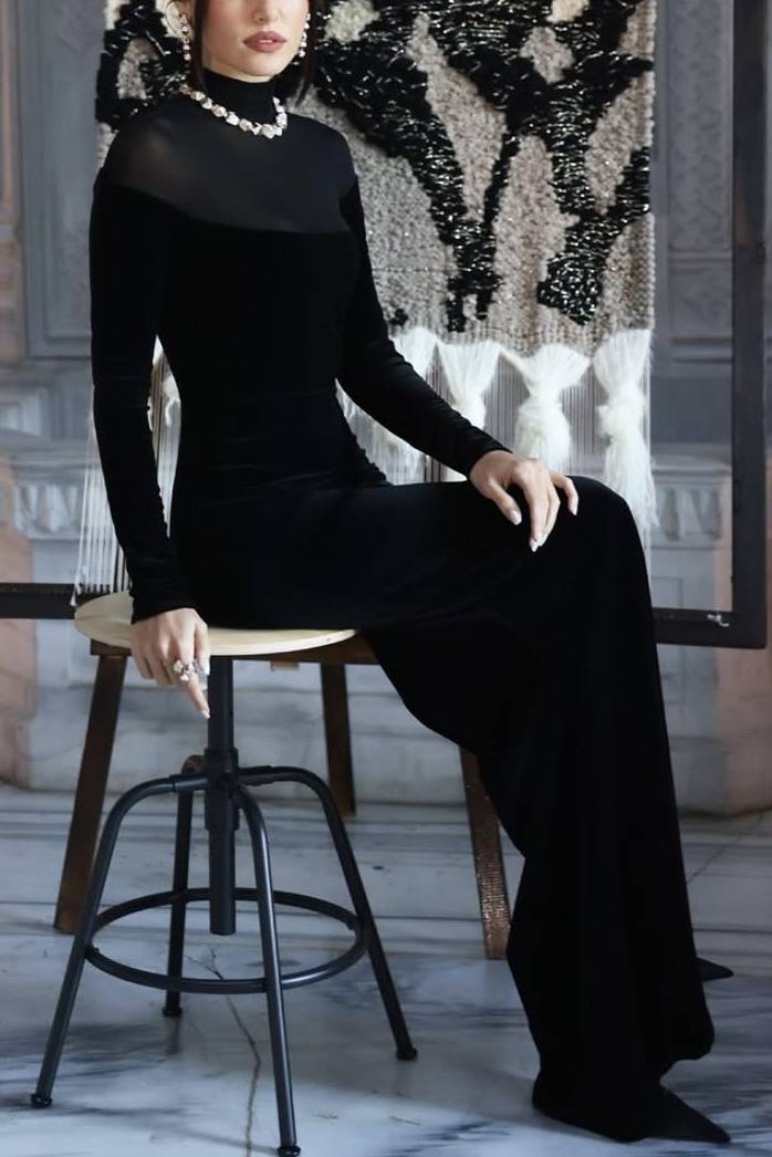 Velvet Splicing Perspective Tulle Maxi Dress