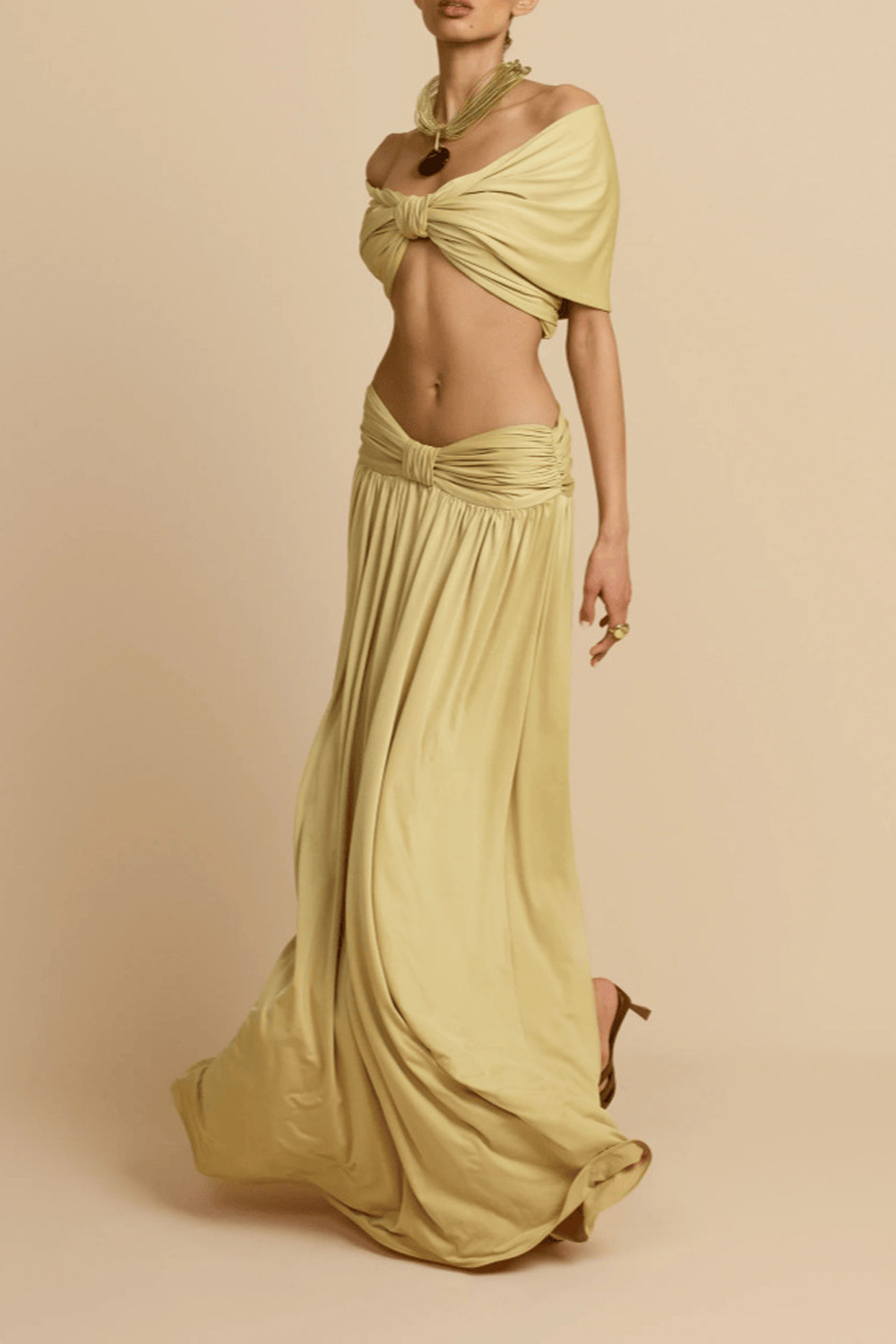 Two-piece Off-shoulder Kink Crop Top High-waist Floor-length Dress
