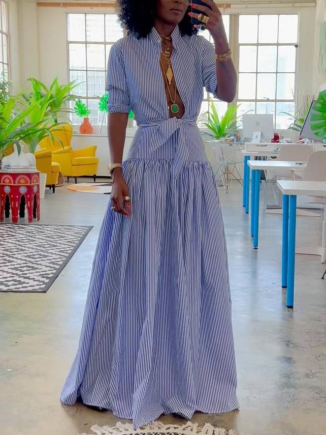 Striped Stand Collar Shirt And Skirt Suit-Shirt