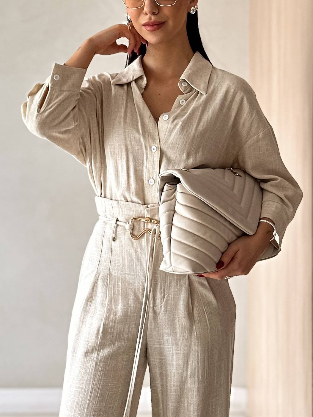 Minimalist Shirt And Wide Leg Pants Suit-Shirt