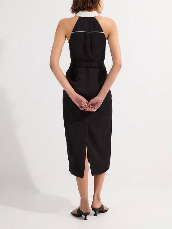 Contrast Color Lapel Off-shoulder Belt Midi Dress