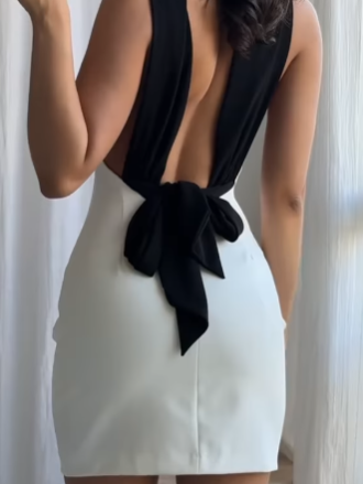 Contrast Color Neck Halter Mini Dress