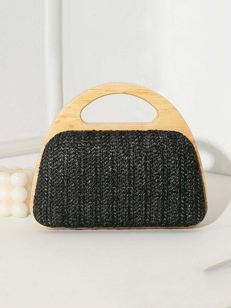 Straw and wood patchwork handbag