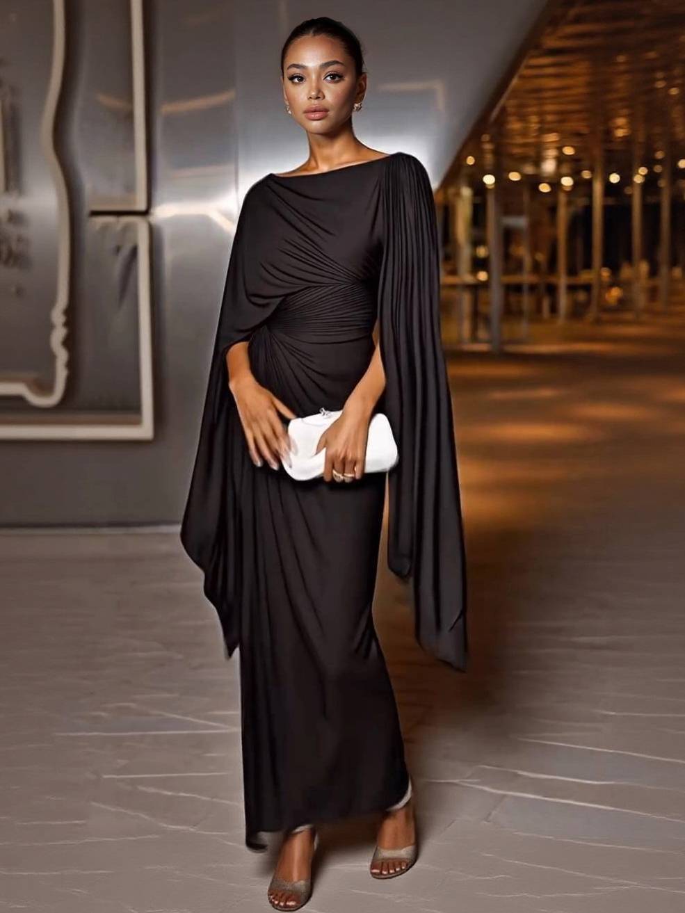 Boat Neck Pleated Slim Fit Maxi Dress