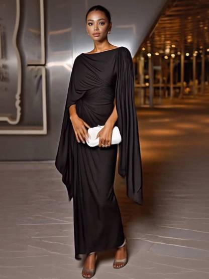 Boat Neck Pleated Slim Fit Maxi Dress