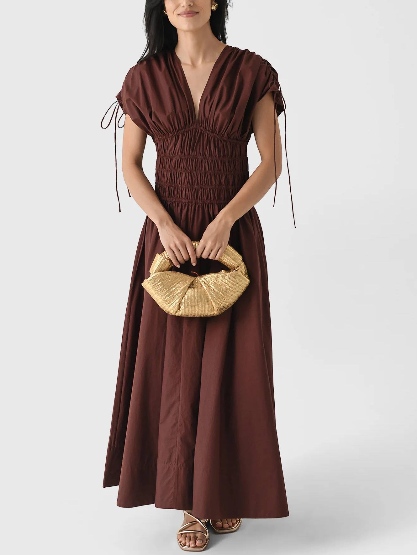 Vacation Style V-neck Pleated Maxi Dress