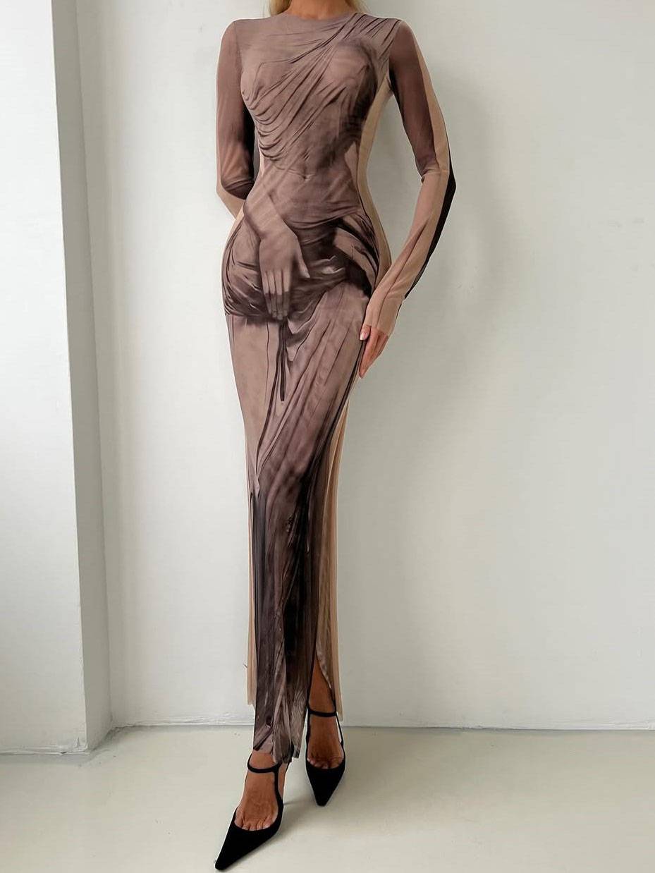 Printed Side Slit Long-Sleeved Maxi Dress