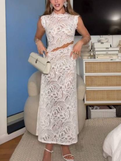 Waist Hollow out Design Lace Maxi Dress