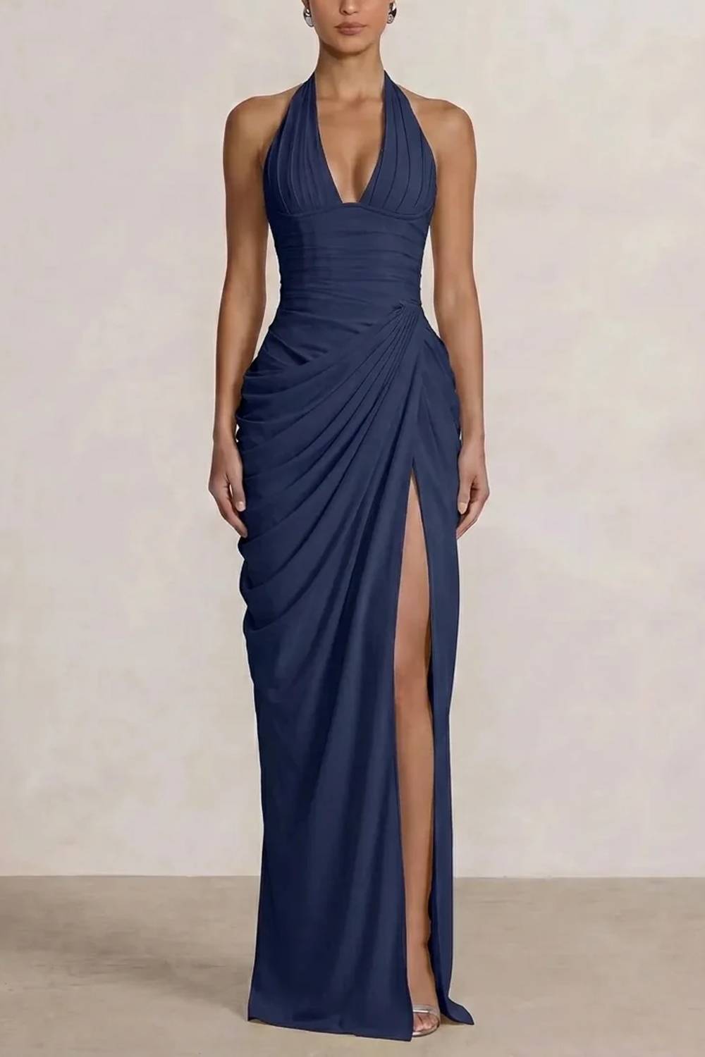 Long Dress With Deep Neck V-pleated Split