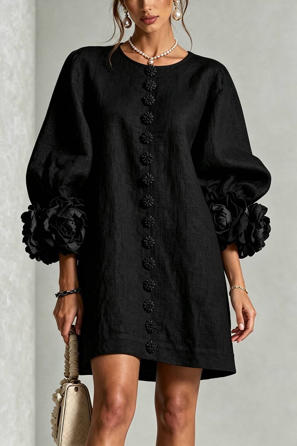Three-dimensional Floral Cuffs, Puff Sleeves, Short Dress
