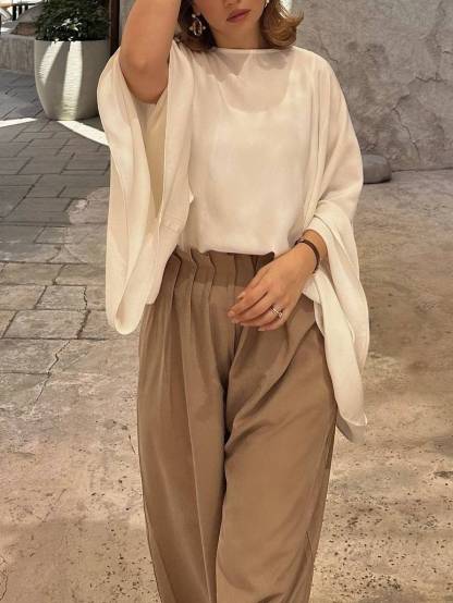 Old Money Shirt And High Waist Wide Leg Pants Suit-Pants