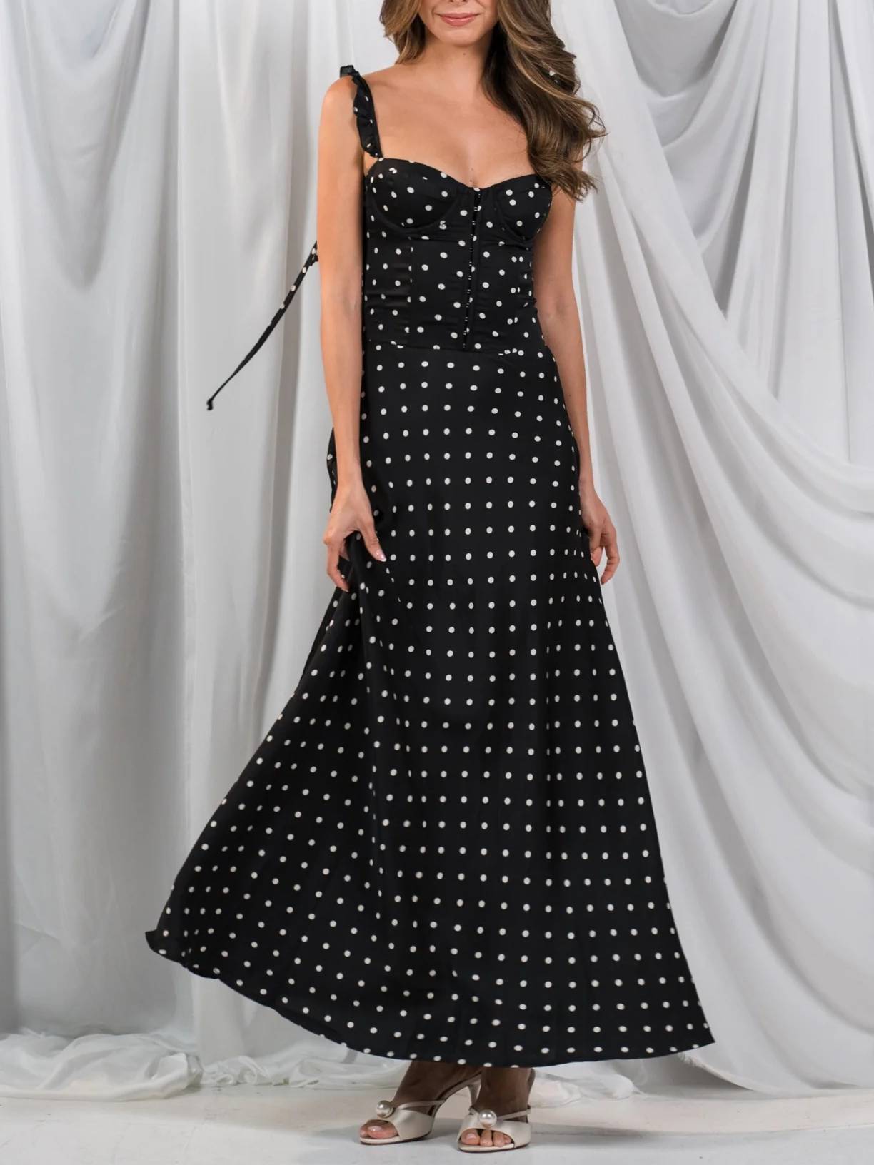 Retro Polka Dots Ruffled Sling A-line Maxi Dress