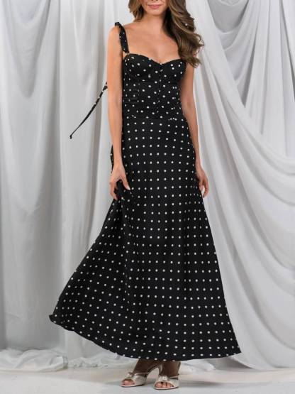 Retro Polka Dots Ruffled Sling A-line Maxi Dress