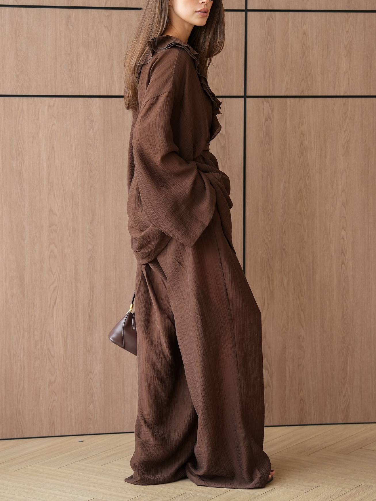 Ruffled Loose Belt Shirt And Wide Leg Pants Suit-Pants