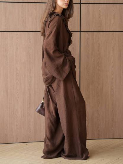 Ruffled Loose Belt Shirt And Wide Leg Pants Suit-Pants